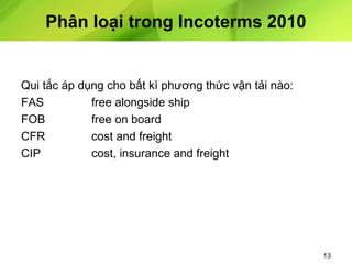Phân loại trong Incoterms 2010

Qui tắc áp dụng cho bất kì phương thức vận tải nào:
FAS
free alongside ship
FOB
free on board
CFR
cost and freight
CIP
cost, insurance and freight

13

 