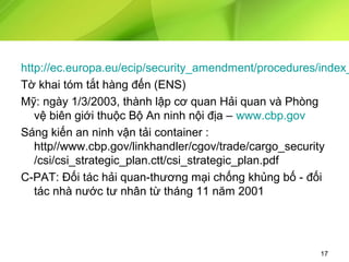 http://ec.europa.eu/ecip/security_amendment/procedures/index_
Tờ khai tóm tắt hàng đến (ENS)
Mỹ: ngày 1/3/2003, thành lập cơ quan Hải quan và Phòng
vệ biên giới thuộc Bộ An ninh nội địa – www.cbp.gov
Sáng kiến an ninh vận tải container :
http//www.cbp.gov/linkhandler/cgov/trade/cargo_security
/csi/csi_strategic_plan.ctt/csi_strategic_plan.pdf
C-PAT: Đối tác hải quan-thương mại chống khủng bố - đối
tác nhà nước tư nhân từ tháng 11 năm 2001

17

 
