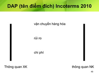 DAP (tên điểm đích) Incoterms 2010

vận chuyển hàng hóa

rủi ro

chi phí

Thông quan XK

thông quan NK
49

 