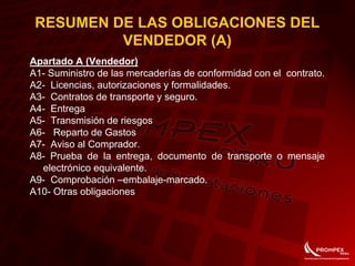 RESUMEN DE LAS OBLIGACIONES DEL
VENDEDOR (A)
Apartado A (Vendedor)
A1- Suministro de las mercaderías de conformidad con el contrato.
A2- Licencias, autorizaciones y formalidades.
A3- Contratos de transporte y seguro.
A4- Entrega
A5- Transmisión de riesgos
A6- Reparto de Gastos
A7- Aviso al Comprador.
A8- Prueba de la entrega, documento de transporte o mensaje
electrónico equivalente.
A9- Comprobación –embalaje-marcado.
A10- Otras obligaciones
 