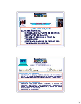 GRUPO “C”


         (CFR, CPT, CIF, CIP)
  CARACTERISTICAS:
  •    ENTREGA EN EL PUNTO DE DESTINO.
  •    CONTRATOS DE SALIDA
                    SALIDA.
  •    VENDEDOR DESIGNA Y PAGA EL
       TRANSPORTE.
  •    COMPRADOR ASUME EL RIESGO DEL
       TRANSPORTE PRINCIPAL.




 CFR
                   COSTO Y FLETE
                    COST AND FREIGHT
              (PUERTO DE DESTINO CONVENIDO)




OBLIGACIONES DEL VENDEDOR:
•  CONTRATAR EL BUQUE, ELEGIDO SIENDO POR SUCUENTA EL
   FLETE Y LA CARGA HASTA EL PUERTO DE DESTINO CONVENIDO.
•  EFECTUAR EL DESPACHO DE EXPORTACION DE LA MERCANCIA.



OBLIGACIONES DEL COMPRADOR:
•  SOPORTAR CUALQUIER GASTO ADICIONAL Y RIESGO DE
   PERDIDA O DETERIORO Y SU RECLAMACION Y SEGUIMIENTO
   DESDE QUE LA MERCANCIA TRANSPASA LA BORDA DEL BUQUE
   EN EL PUERTO DE EMBARQUE.
•  ASEGURAR LA MERCANCIA.




                                                            16
 