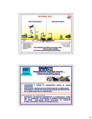 CIP
            TRANSPORTE PAGADO HASTA …
                CARRIED AND INSURANCE PAID TO …
                 (LUGAR DE DESTINO CONVENIDO)




OBLIGACIONES DEL VENDEDOR:
•  CONTRATAR Y PAGAR EL TRANSPORTE HASTA EL LUGAR
   CONVENIDO.
•  EFECTUAR EL DESPACHO DE EXPORTACION DE LA MERCANCIA.
•  CONTRATAR Y PAGAR UNA POLIZA DE SEGURO DE PROTECCION
   DE LA MERCANCIA EN EL TRANSPORTE


OBLIGACIONES DEL COMPRADOR:
•  SOPORTAR LOS RIESGOS INHERENTES A LA MERCANCIA DESDE
   QUE EL VENDEDOR LA ENTREGA AL PRIMER TRANSPORTISTA.
   ASI COMO    CUALQUIER GASTO ADICIONAL AL TRANCITO
   (CARGA, DESCARGA, DAÑOS EN TRANSITO ETC.)




                                                          19
 