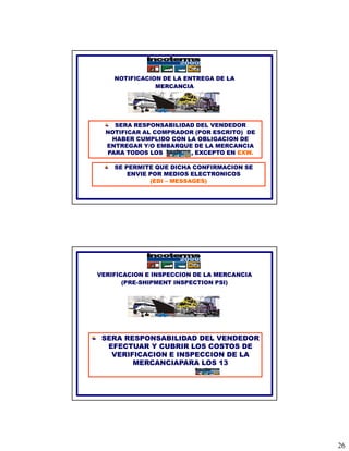 NOTIFICACION DE LA ENTREGA DE LA
               MERCANCIA




    SERA RESPONSABILIDAD DEL VENDEDOR
  NOTIFICAR AL COMPRADOR (POR ESCRITO) DE
   HABER CUMPLIDO CON LA OBLIGACION DE
  ENTREGAR Y/O EMBARQUE DE LA MERCANCIA
  PARA TODOS LOS       , EXCEPTO EN EXW
                                    EXW.

    SE PERMITE QUE DICHA CONFIRMACION SE
        ENVIE POR MEDIOS ELECTRONICOS
              (EDI – MESSAGES)




VERIFICACION E INSPECCION DE LA MERCANCIA
       (PRE-SHIPMENT INSPECTION PSI)




 SERA RESPONSABILIDAD DEL VENDEDOR
  EFECTUAR Y CUBRIR LOS COSTOS DE
   VERIFICACION E INSPECCION DE LA
        MERCANCIAPARA LOS 13




                                            26
 