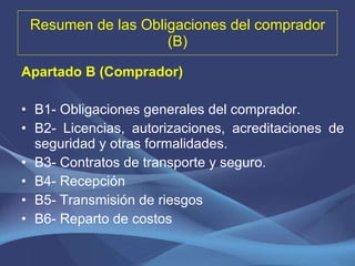 Resumen de las Obligaciones del comprador (B) Apartado B (Comprador) B1- Obligaciones generales del comprador. B2- Licencias, autorizaciones, acreditaciones de seguridad y otras formalidades. B3- Contratos de transporte y seguro. B4- Recepción B5- Transmisión de riesgos B6- Reparto de costos 