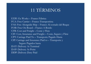 11 TÉRMINOS
EXW: Ex Works – Franco Fábrica
FCA: Free Carrier – Franco Transportista
FAS: Free Alongside Ship – Franco Al costado del Buque
FOB: Free On Board – Franco A Bordo
CFR: Cost and Freight – Coste y Flete
CIF: Cost, Insurance and Freight – Coste, Seguro y Flete
CPT: Carriage Paid To – Transporte Pagado Hasta
CIP: Carriage and Insurance Paid to – Transporte y
       Seguro Pagados hasta
DAT: Delivery At Terminal
DAP: Delivery At Point
DDP: Delivery Duty Paid
 