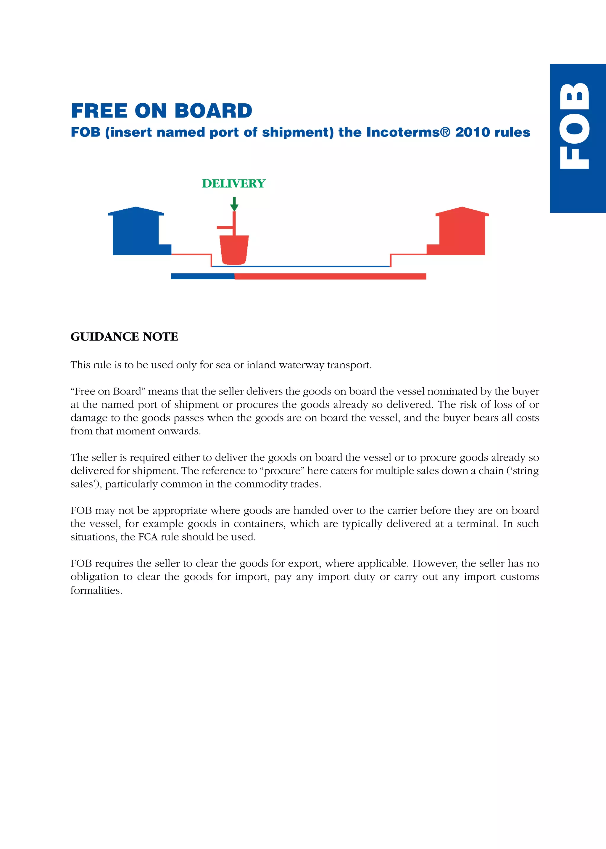 FREE ON BOARD
FOB (insert named port of shipment) the Incoterms® 2010 rules
GUIDANCE NOTE
This rule is to be used only for sea or inland waterway transport.
“Free on Board” means that the seller delivers the goods on board the vessel nominated by the buyer
at the named port of shipment or procures the goods already so delivered. The risk of loss of or
damage to the goods passes when the goods are on board the vessel, and the buyer bears all costs
from that moment onwards.
The seller is required either to deliver the goods on board the vessel or to procure goods already so
delivered for shipment. The reference to “procure” here caters for multiple sales down a chain (‘string
sales’), particularly common in the commodity trades.
FOB may not be appropriate where goods are handed over to the carrier before they are on board
the vessel, for example goods in containers, which are typically delivered at a terminal. In such
situations, the FCA rule should be used.
FOB requires the seller to clear the goods for export, where applicable. However, the seller has no
obligation to clear the goods for import, pay any import duty or carry out any import customs
formalities.
FOB
DELIVERY
guide des incoterms 2010 27-01-2010_Mise en page 1 27/01/11 13:16 Page171
 