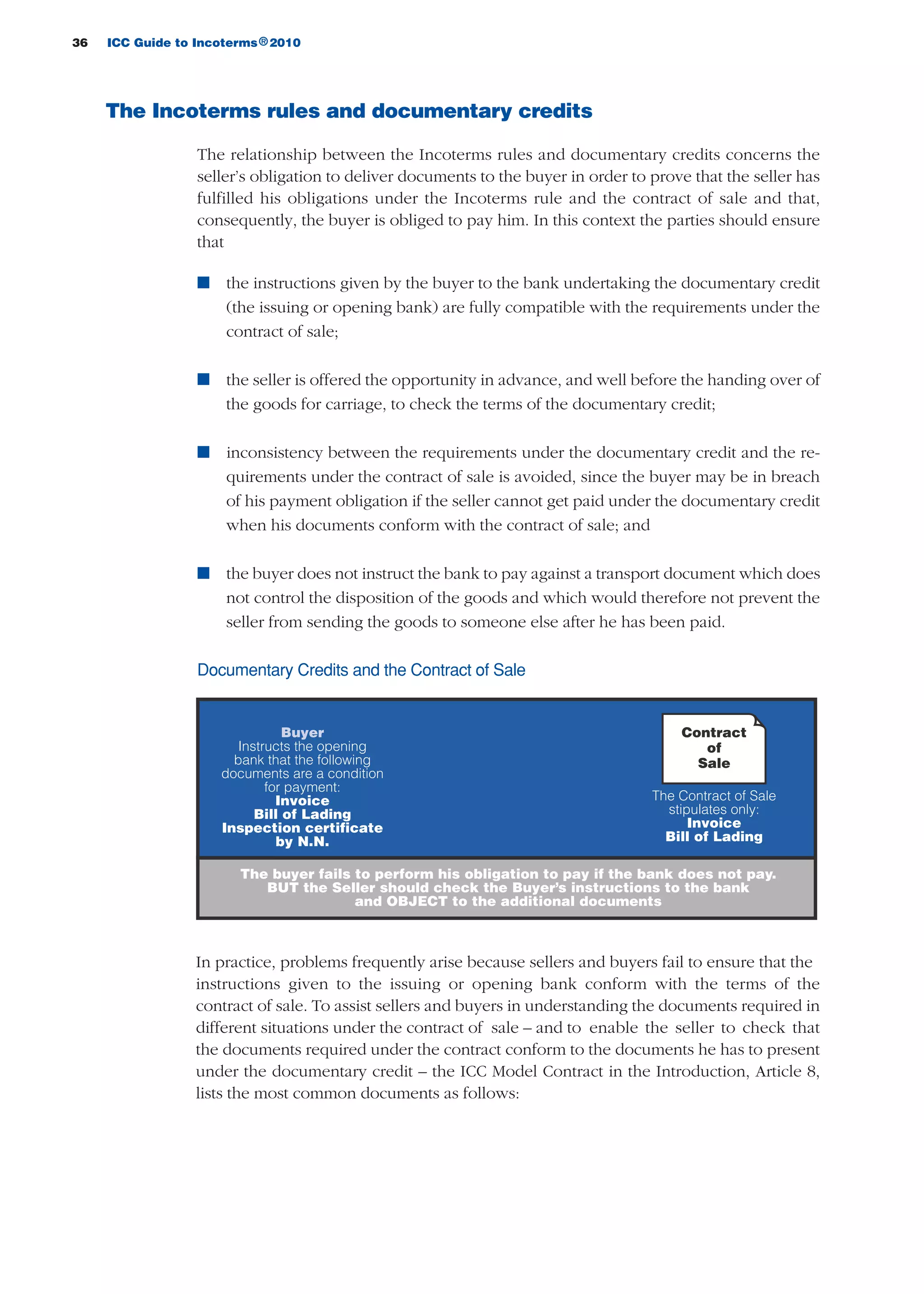 36 ICC Guide to Incoterms 2010®
Contract
of
Sale
Buyer
Instructs the opening
bank that the following
documents are a condition
for payment:
Invoice
Bill of Lading
Inspection certificate
by N.N.
The Contract of Sale
stipulates only:
Invoice
Bill of Lading
The buyer fails to perform his obligation to pay if the bank does not pay.
BUT the Seller should check the Buyer’s instructions to the bank
and OBJECT to the additional documents
The Incoterms rules and documentary credits
The relationship between the Incoterms rules and documentary credits concerns the
seller’s obligation to deliver documents to the buyer in order to prove that the seller has
fulfilled his obligations under the Incoterms rule and the contract of sale and that,
consequently, the buyer is obliged to pay him. In this context the parties should ensure
that
n the instructions given by the buyer to the bank undertaking the documentary credit
(the issuing or opening bank) are fully compatible with the requirements under the
contract of sale;
n the seller is offered the opportunity in advance, and well before the handing over of
the goods for carriage, to check the terms of the documentary credit;
n inconsistency between the requirements under the documentary credit and the re-
quirements under the contract of sale is avoided, since the buyer may be in breach
of his payment obligation if the seller cannot get paid under the documentary credit
when his documents conform with the contract of sale; and
n the buyer does not instruct the bank to pay against a transport document which does
not control the disposition of the goods and which would therefore not prevent the
seller from sending the goods to someone else after he has been paid.
Documentary Credits and the Contract of Sale
In practice, problems frequently arise because sellers and buyers fail to ensure that the
instructions given to the issuing or opening bank conform with the terms of the
contract of sale. To assist sellers and buyers in understanding the documents required in
different situations under the contract of sale – and to enable the seller to check that
the documents required under the contract conform to the documents he has to present
under the documentary credit – the ICC Model Contract in the Introduction, Article 8,
lists the most common documents as follows:
guide des incoterms 2010 27-01-2010_Mise en page 1 27/01/11 13:15 Page36
 