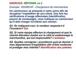 EXERCICE: RÉPONSE no 2
Exemple: VENDEUR - Chargement de marchandise
Un camionneur se présente à votre usine afin de
récupérer l’expédition de son client. Une fois les
vérifications d’usage effectuées (identification,
preuve de ramassage), vous indiquez au camionneur
qu’il doit charger lui-même son camion.
Q1. En indiquant ceci, le vendeur respecte-t-il
l’Incoterm? Oui
Q2. Si votre équipe effectue le chargement et que le
chariot élévateur tombe sur le côté et endommage la
marchandise, qui est responsable? L’acheteur
Q3. Quelles consignes / procédures puis-je donner à
mon département d’expédition afin d’être conforme
et protéger mes intérêts? Identification des palettes
 