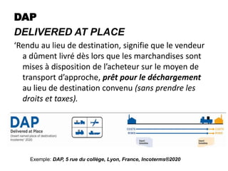 DAP
DELIVERED AT PLACE
‘Rendu au lieu de destination, signifie que le vendeur
a dûment livré dès lors que les marchandises sont
mises à disposition de l’acheteur sur le moyen de
transport d’approche, prêt pour le déchargement
au lieu de destination convenu (sans prendre les
droits et taxes).
Exemple: DAP, 5 rue du collège, Lyon, France, Incoterms®2020
 
