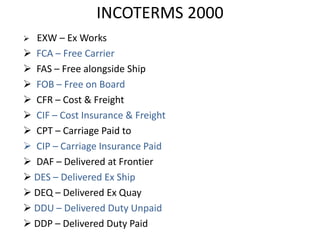  EXW – Ex Works
 FCA – Free Carrier
 FAS – Free alongside Ship
 FOB – Free on Board
 CFR – Cost & Freight
 CIF – Cost Insurance & Freight
 CPT – Carriage Paid to
 CIP – Carriage Insurance Paid
 DAF – Delivered at Frontier
 DES – Delivered Ex Ship
 DEQ – Delivered Ex Quay
 DDU – Delivered Duty Unpaid
 DDP – Delivered Duty Paid
INCOTERMS 2000
 