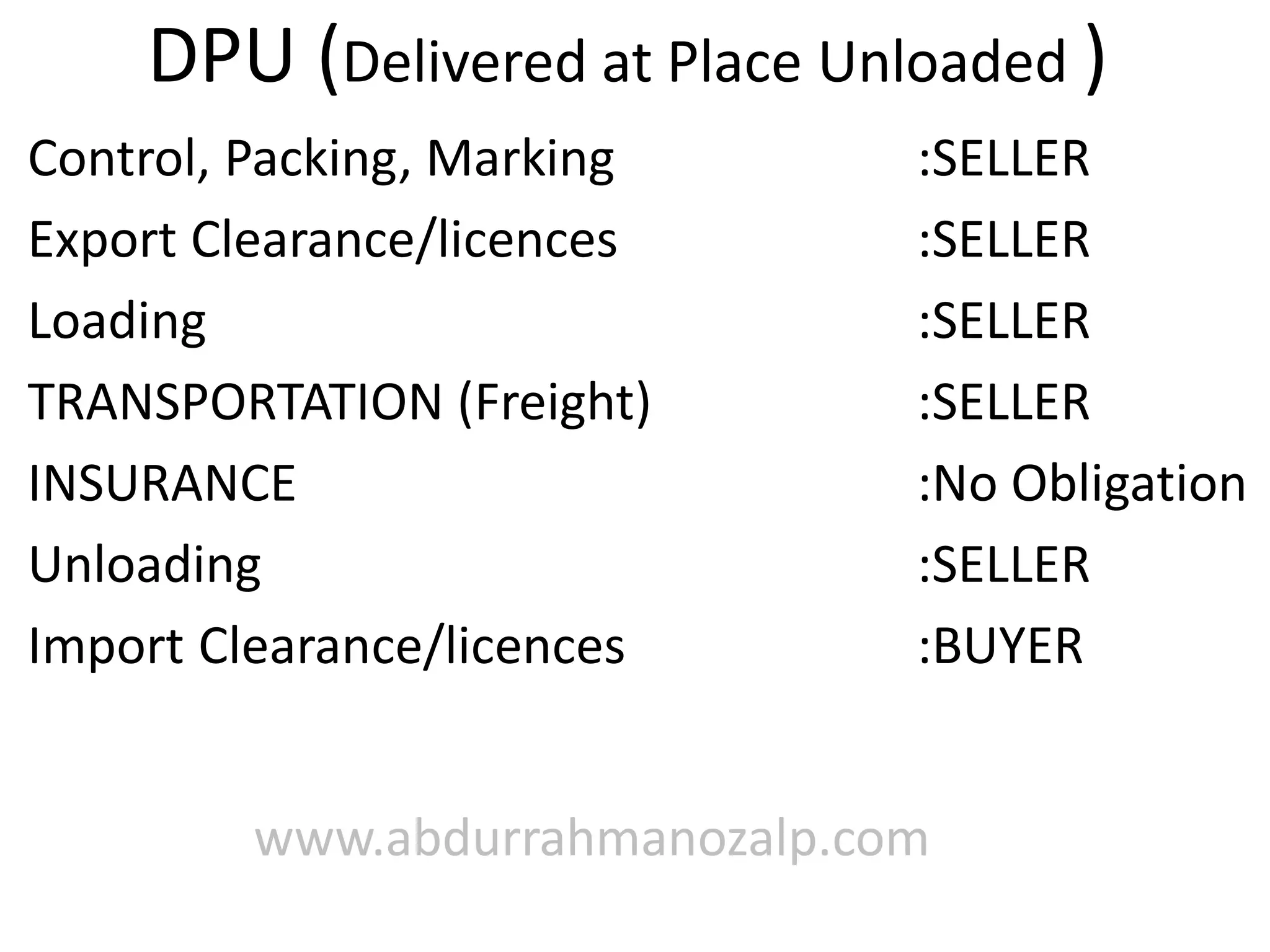 DPU (Delivered at Place Unloaded )
www.abdurrahmanozalp.com
Control, Packing, Marking :SELLER
Export Clearance/licences :SELLER
Loading :SELLER
TRANSPORTATION (Freight) :SELLER
INSURANCE :No Obligation
Unloading :SELLER
Import Clearance/licences :BUYER
 
