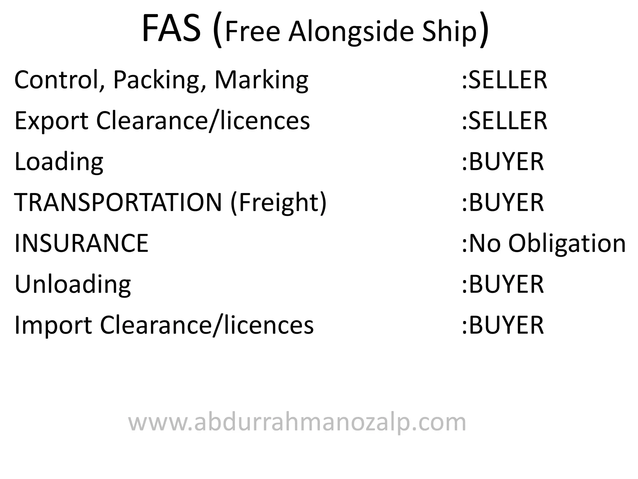 FAS (Free Alongside Ship)
www.abdurrahmanozalp.com
Control, Packing, Marking :SELLER
Export Clearance/licences :SELLER
Loading :BUYER
TRANSPORTATION (Freight) :BUYER
INSURANCE :No Obligation
Unloading :BUYER
Import Clearance/licences :BUYER
 