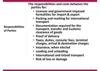 Responsibilities
of Parties
The responsibilities and costs between the
parties for:
• Licenses and government imposed
formalities for import & export
• Packing and marking for international
transport
• Documentation required for the
transport, transfer and Customs
clearance of goods
• Proof of delivery
• Taxes, duties, consular fees, terminal
charges, arrival & destination charges
• Insurance, when elected
• Loading and unloading
• International and inland transport
• Risk of loss or damage
3
 