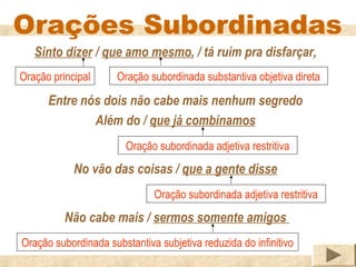 Orações Subordinadas
   Sinto dizer / que amo mesmo, / tá ruim pra disfarçar,
Oração principal      Oração subordinada substantiva objetiva direta

      Entre nós dois não cabe mais nenhum segredo
              Além do / que já combinamos
                        Oração subordinada adjetiva restritiva
            No vão das coisas / que a gente disse
                              Oração subordinada adjetiva restritiva
          Não cabe mais / sermos somente amigos
Oração subordinada substantiva subjetiva reduzida do infinitivo
 
