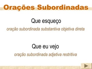 Orações Subordinadas
              Que esqueço
oração subordinada substantiva objetiva direta


              Que eu vejo
    oração subordinada adjetiva restritiva
 