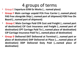 4 groups of terms
• Group E Departure EXW Ex Works (… named place)
• Group F Main carriage unpaid FCA Free Carrier (…named place)
FAS Free alongside Ship (…named port of shipment) FOB Free On
Board (…named port of shipment)
• Group C Main Carriage Paid CFR Cost and Freight (…named port
of destination) CIF Cost Insurance and Freight (…named port of
destination) CPT Carriage Paid To (…named place of destination)
CIP Carriage Insurance Paid To (…named place of destination)
• Group D Delivered DAT Delivered at Terminal (….named port or
place of destination) DAP Delivered at Place (…..named place of
destination) DDP Delivered Duty Paid (…named place of
destination)
 