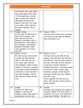 INCOTERMS
Page | 6
word “loaded” here would usually
mean safely placed on the vehicle
2) If the named place is not the
seller’s premises then when the
seller places the goods at the
disposal of the buyer or its carrier
on the seller’s vehicle delivering
the goods to that place but not
unloaded.
A3 Transfer of Risks
In all the rules the seller bears all
risks of loss or damage to the
goods until they have been
delivered in accordance with A2
described above. The exception is
loss or damage in circumstances
described in B3 below, which
varies dependent on the buyer’s
role in B2
B3 Transfer of Risks
The buyer bears all risks of loss or damage
to the goods once the seller has delivered
them as described in A2.
.
A4 Division of Costs
The seller must pay all costs until
the goods have been delivered
under A2. The seller pays any
costs, export duties and taxes,
where applicable, related to export
clearance. If the buyer is requested
by the seller to provide information
or documents to assist the seller in
their export formalities, then the
seller must pay the buyer for these
costs.
B4 Division of Costs
The buyer must pay the seller all costs
relating to the goods from when they have
been delivered, other than those payable by
the seller. If the seller has been requested
by the buyer to provide assistance in
obtaining information or documents needed
for the buyer to effect carriage, import
formalities, insurance and the transport
document, then the buyer must reimburse
the seller’s costs.
Where applicable, the buyer pays any
duties, taxes and other costs for transit or
import clearance.
A5 Carriage
In this rule the seller has no
obligation to the buyer for
arranging carriage of the goods. In
some instances, the seller and
B5 Carriage
The buyer must arrange for the carriage of
the goods, whether by the buyer itself or a
contracted carrier, at its own cost from the
named place of delivery. This allows for
 