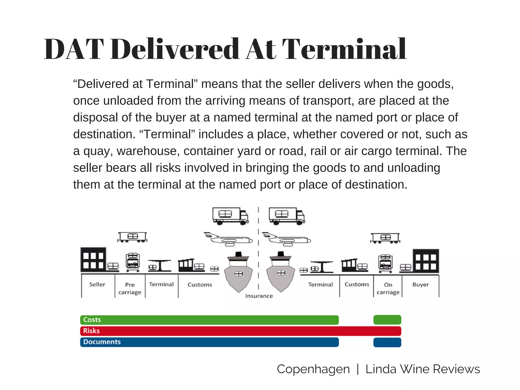 Copenhagen | Linda Wine Reviews
DAT Delivered At Terminal
“Delivered at Terminal” means that the seller delivers when the goods,
once unloaded from the arriving means of transport, are placed at the
disposal of the buyer at a named terminal at the named port or place of
destination. “Terminal” includes a place, whether covered or not, such as
a quay, warehouse, container yard or road, rail or air cargo terminal. The
seller bears all risks involved in bringing the goods to and unloading
them at the terminal at the named port or place of destination.
 