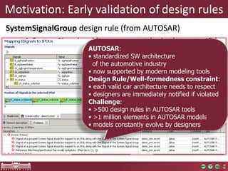 Motivation: Early validation of design rules 
SystemSignalGroup design rule (from AUTOSAR) 
o A SystemSignal and its group must be in the same IPdu 
o Challenge: find violations quickly in large models 
o New difficulties 
• reverse 
navigation 
• complex 
manual 
solution 
AUTOSAR: 
• standardized SW architecture 
of the automotive industry 
• now supported by modern modeling tools 
Design Rule/Well-formedness constraint: 
• each valid car architecture needs to respect 
• designers are immediately notified if violated 
Challenge: 
• >500 design rules in AUTOSAR tools 
• >1 million elements in AUTOSAR models 
• models constantly evolve by designers 
 