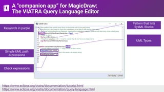 Simple UML path
expressions
UML Types
Keywords in purple
Check expressions
A "companion app” for MagicDraw: 
The VIATRA Query Language Editor
https://www.eclipse.org/viatra/documentation/tutorial.html  
https://www.eclipse.org/viatra/documentation/query-language.html
Pattern that lists
SysML Blocks
 