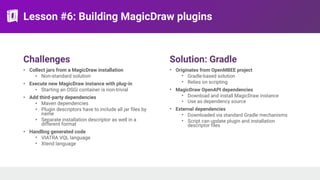 Lesson #6: Building MagicDraw plugins
Challenges
• Collect jars from a MagicDraw installation
• Non-standard solution
• Execute new MagicDraw instance with plug-in
• Starting an OSGi container is non-trivial
• Add third-party dependencies
• Maven dependencies
• Plugin descriptors have to include all jar files by
name
• Separate installation descriptor as well in a
different format
• Handling generated code
• VIATRA VQL language
• Xtend language
Solution: Gradle
• Originates from OpenMBEE project
• Gradle-based solution
• Relies on scripting
• MagicDraw OpenAPI dependencies
• Download and install MagicDraw instance
• Use as dependency source
• External dependencies
• Downloaded via standard Gradle mechanisms
• Script can update plugin and installation
descriptor files
 