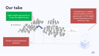 Our take
Light-weight approaches to
create the digital thread
Overlaid layer of digital
thread analytics that can
expose parts of the digital
thread depending on the
need/use-case
Vendor-neutral federated
toolchain
 