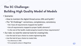 The 3C Challenge:
Building High Quality Model of Models
• Scenario:
–How to maintain the digital thread across JIRA and SysML?
–The “3C Challenge”: correctness, completeness, consistency
• Do I have all requirements mapped into SysML?
• Are all requirements mapped to proper SysML elements?
• Is the rest of the SysML model properly traced to these requirements?
• Our take: no need for external tools for creating links
–Use the tool of your choice to create engineering data
–Use the tool of your choice to create links
• As references in JIRA
• Or as property values in MagicDraw
 