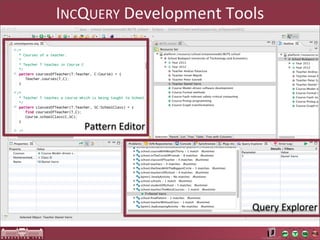 INCQUERY	
  Development	
  Tools




    PaOern	
  Editor




                              Query	
  Explorer
 