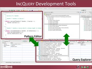 INCQUERY	
  Development	
  Tools




    PaOern	
  Editor




                              Query	
  Explorer
 