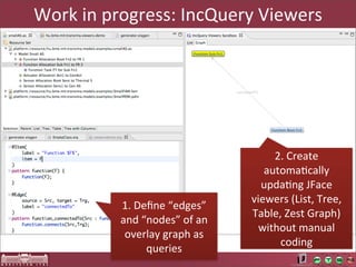 Work	
  in	
  progress:	
  IncQuery	
  Viewers




                                                   2.	
  Create	
  
                                                 automaAcally	
  
                                                updaAng	
  JFace	
  
                                              viewers	
  (List,	
  Tree,	
  
             1.	
  Deﬁne	
  “edges”	
  
                                              Table,	
  Zest	
  Graph)	
  
             and	
  “nodes”	
  of	
  an	
  
                                                without	
  manual	
  
              overlay	
  graph	
  as	
  
                                                    coding
                     queries
 