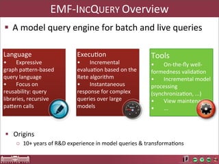 EMF-­‐INCQUERY	
  Overview
§ A	
  model	
  query	
  engine	
  for	
  batch	
  and	
  live	
  queries

Language                               ExecuAon                                  Tools
•     Expressive	
                     •      Incremental                        •    On-­‐the-­‐ﬂy	
  well-­‐
graph	
  paOern-­‐based	
              evaluaAon	
  based	
  on	
  the	
         formedness	
  validaAon
query	
  language                      Rete	
  algorithm                         •    Incremental	
  model	
  
•     Focus	
  on	
                    •      Instantaneous	
                    processing	
  
reusability:	
  query	
                response	
  for	
  complex	
              (synchronizaAon,	
  ...)
libraries,	
  recursive	
              queries	
  over	
  large	
                •    View	
  maintenance
paOern	
  calls                        models                                    •    ...



§ Origins
      o 10+	
  years	
  of	
  R&D	
  experience	
  in	
  model	
  queries	
  &	
  transformaAons	
  
 