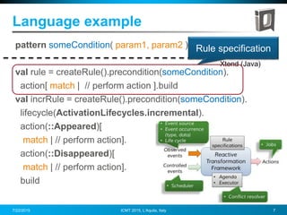 Query language
Xtend (Java)
pattern someCondition( param1, param2 ) {...}
val rule = createRule().precondition(someCondition).
action[ match | // perform action ].build
val incrRule = createRule().precondition(someCondition).
lifecycle(ActivationLifecycles.incremental).
action(::Appeared)[
match | // perform action].
action(::Disappeared)[
match | // perform action].
build
Language example
Rule specification
7/22/2015 ICMT 2015, L’Aquila, Italy 7
 