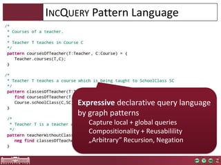 INCQUERY Pattern Language




      Expressive declarative query language
      by graph patterns
         Capture local + global queries
         Compositionality + Reusabilility
         „Arbitrary” Recursion, Negation
 