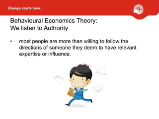 Behavioural Economics Theory:
We listen to Authority
• most people are more than willing to follow the
directions of someone they deem to have relevant
expertise or influence.
 