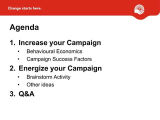Agenda
1. Increase your Campaign
• Behavioural Economics
• Campaign Success Factors
2. Energize your Campaign
• Brainstorm Activity
• Other ideas
3. Q&A
 