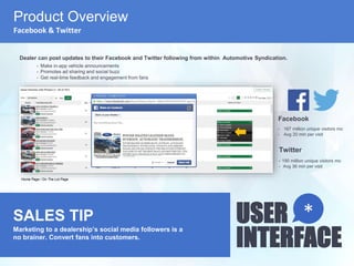 USER
INTERFACE
*
Product Overview
Facebook & Twitter
SALES TIP
Marketing to a dealership’s social media followers is a
no brainer. Convert fans into customers.
Dealer can post updates to their Facebook and Twitter following from within Automotive Syndication.
• Make in-app vehicle announcements
• Promotes ad sharing and social buzz
• Get real-time feedback and engagement from fans
Home Page / On The Lot Page
Facebook
• 167 million unique visitors mo
• Avg 20 min per visit
Twitter
• 190 million unique visitors mo
• Avg 36 min per visit
 