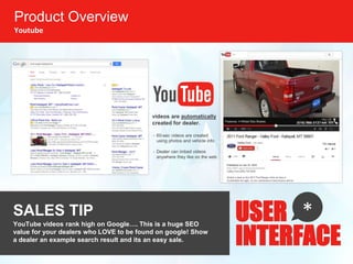 USER
INTERFACE
*
Product Overview
Youtube
SALES TIP
YouTube videos rank high on Google…. This is a huge SEO
value for your dealers who LOVE to be found on google! Show
a dealer an example search result and its an easy sale.
videos are automatically
created for dealer.
• 60-sec videos are created
using photos and vehicle info
• Dealer can imbed videos
anywhere they like on the web
 