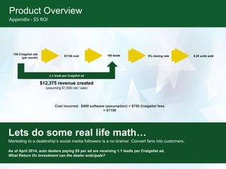 Product Overview
Appendix - $5 ROI
150 Craigslist ads
(per month)
$1150 cost 165 leads 5% closing rate 8.25 units sold
$12,375 revenue created
(assuming $1,500 net / sale)
Cost incurred: $400 software (assumption) + $750 Craigslist fees
= $1150
1.1 leads per Craigslist ad
Lets do some real life math…
Marketing to a dealership’s social media followers is a no brainer. Convert fans into customers.
As of April 2014, auto dealers paying $5 per ad are receiving 1.1 leads per Craigslist ad.
What Return On Investment can the dealer anticipate?
 