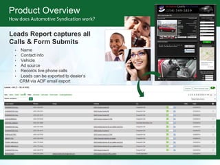 Product Overview
How does Automotive Syndication work?
Leads Report captures all
Calls & Form Submits
• Name
• Contact info
• Vehicle
• Ad source
• Records live phone calls
• Leads can be exported to dealer’s
CRM via ADF email export
 