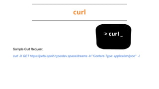 curl
Sample Curl Request:
curl -X GET https://petal-spirit.hyperdev.space/dreams -H "Content-Type: application/json" -i
> curl _
 