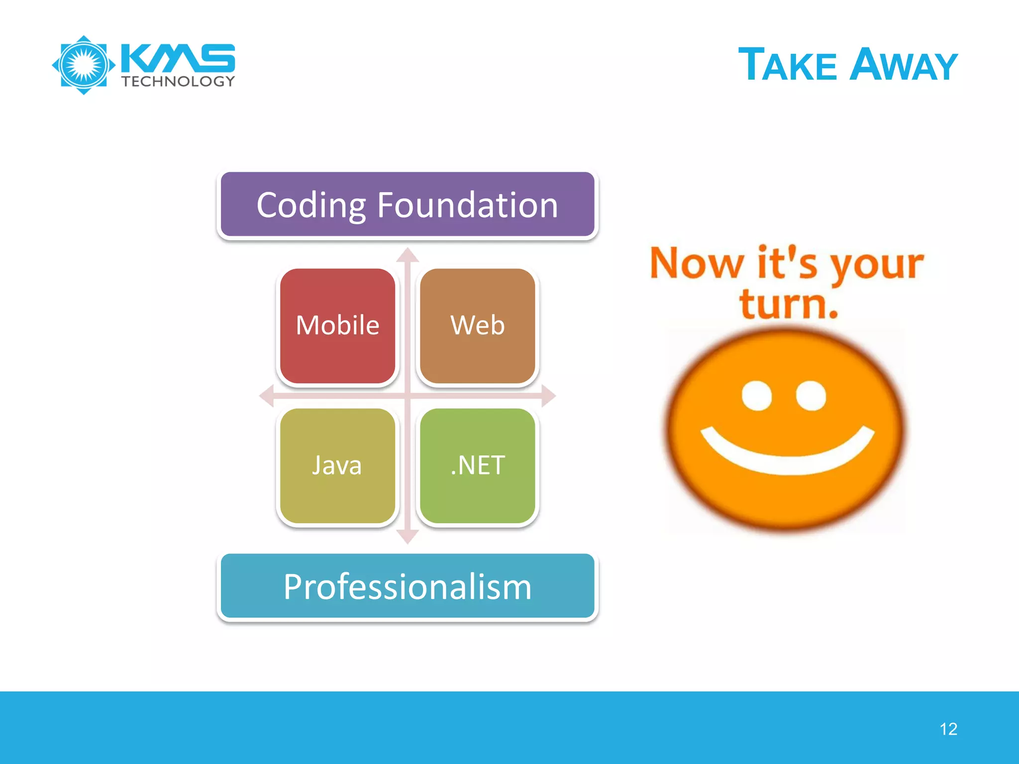 TAKE AWAY
12
Mobile Web
Java .NET
Coding Foundation
Professionalism
 
