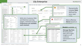 10Copyright 2014 NGDATA®, Inc. Confidential – Distribution prohibited without permission
Lily Enterprise
Dynamically
created Sets
defined by
your own
rules
More effective
Alerts based on
real-time
customer
metricsModels available, or
easily and
dynamically add new
models from all
available metrics
Manage Big Data -
Breaking down
data silos to gain
insights on all
customer
interactions in one
place
With Lily’s Customer DNA
and Machine Learning
Engine, individual product
Preferences are available
each moment
 
