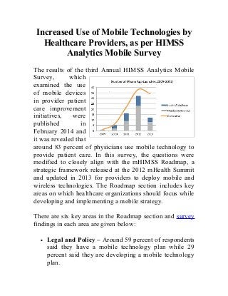 Increased Use of Mobile Technologies by
Healthcare Providers, as per HIMSS
Analytics Mobile Survey
The results of the third Annual HIMSS Analytics Mobile
Survey, which
examined the use
of mobile devices
in provider patient
care improvement
initiatives, were
published in
February 2014 and
it was revealed that
around 83 percent of physicians use mobile technology to
provide patient care. In this survey, the questions were
modified to closely align with the mHIMSS Roadmap, a
strategic framework released at the 2012 mHealth Summit
and updated in 2013 for providers to deploy mobile and
wireless technologies. The Roadmap section includes key
areas on which healthcare organizations should focus while
developing and implementing a mobile strategy.
There are six key areas in the Roadmap section and survey
findings in each area are given below:
• Legal and Policy – Around 59 percent of respondents
said they have a mobile technology plan while 29
percent said they are developing a mobile technology
plan.
 