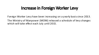 Increase in Foreign Worker Levy
Foreign Worker Levy have been increasing on a yearly basis since 2013.
The Ministry of Manpower (MOM) released a schedule of levy changes
which will take effect each July until 2015.
 