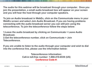 8/7/2013 Blackbaud Confidential 1
The audio for this webinar will be broadcast through your computer. Once you
join the presentation, a small audio broadcast box will appear on your screen
and you will hear the host through your computer speakers.
To join an Audio broadcast in WebEx, click on the Communicate menu in your
WebEx screen and select Join Audio Broadcast. If you are having problems
connecting with the audio broadcast server you can still join using the
teleconference. To join the teleconference follow the steps below:
1.Leave the audio broadcast by clicking on Communicate > Leave Audio
Broadcast.
2.Get the teleconference number, click on Communicate > Join
Teleconference.
If you are unable to listen to the audio through your computer and wish to dial
into the conference line, please use the information below:
Teleconference information:
Call-in toll-free number: 1-866-410-6539 (US)
Conference Code #:
 