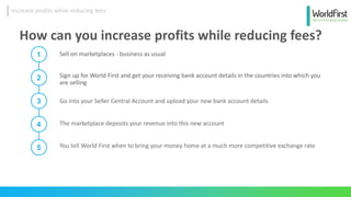 How can you increase profits while reducing fees?
Sign up for World First and get your receiving bank account details in the countries into which you
are selling
Go into your Seller Central Account and upload your new bank account details
The marketplace deposits your revenue into this new account
You tell World First when to bring your money home at a much more competitive exchange rate
1
2
3
4
5
Sell on marketplaces - business as usual
Increase profits while reducing fees
 