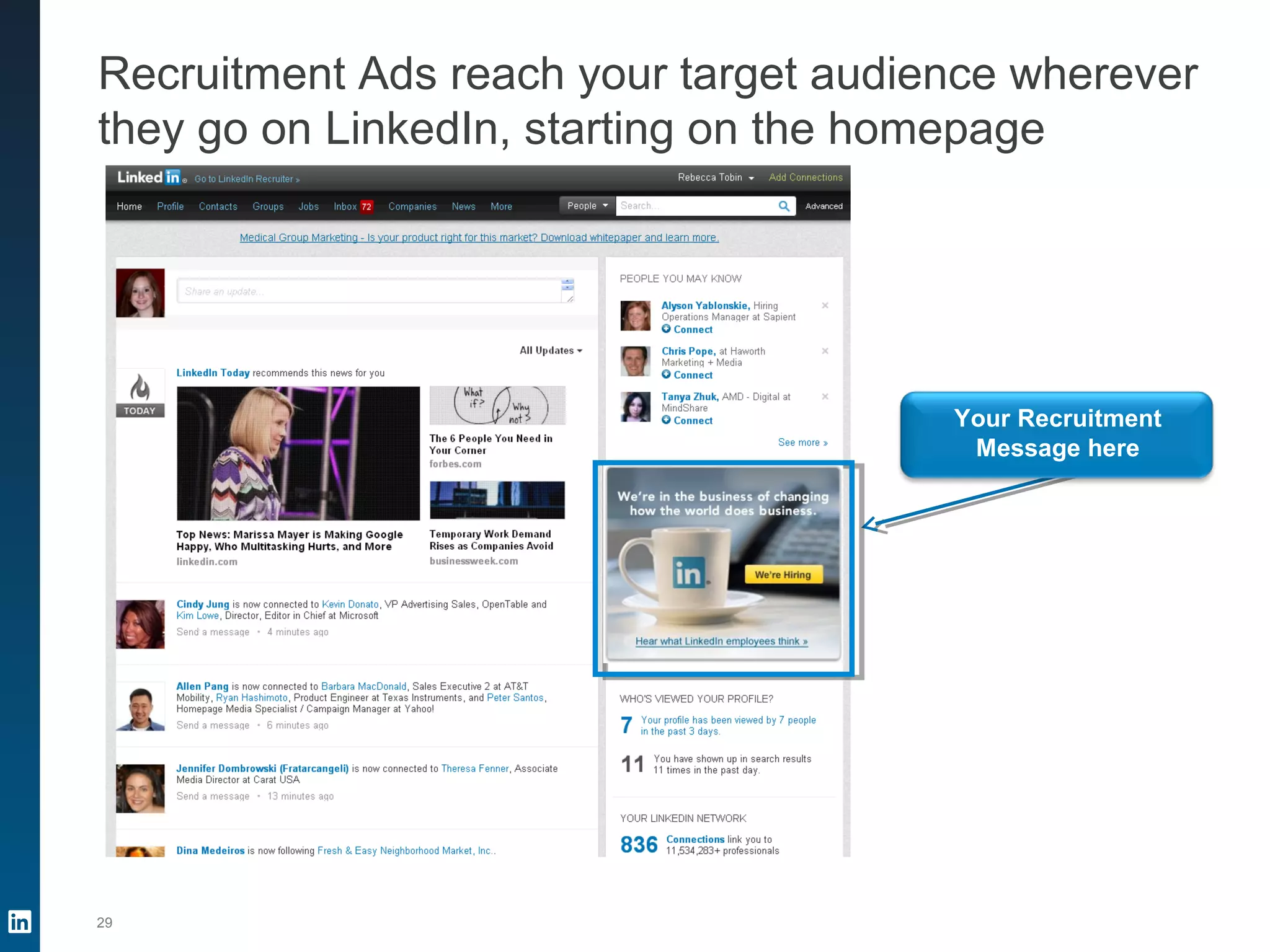 Recruitment Ads reach your target audience wherever
they go on LinkedIn, starting on the homepage
29
Your Recruitment
Message here
 