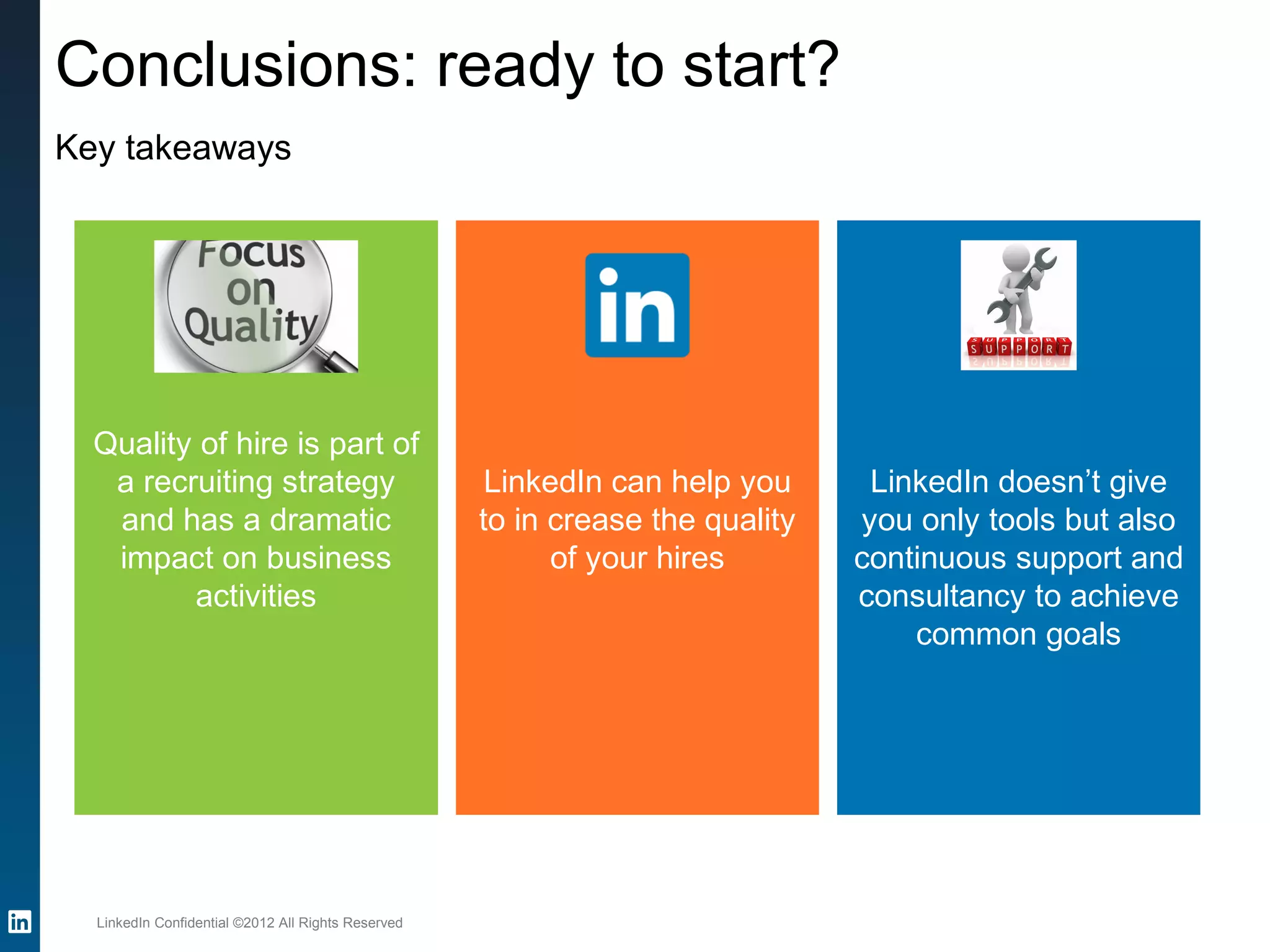 LinkedIn Confidential ©2012 All Rights Reserved
Quality of hire is part of
a recruiting strategy
and has a dramatic
impact on business
activities
LinkedIn can help you
to in crease the quality
of your hires
LinkedIn doesn’t give
you only tools but also
continuous support and
consultancy to achieve
common goals
Conclusions: ready to start?
Key takeaways
 
