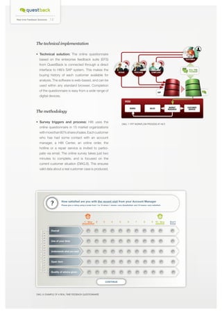 Real-time Feedback Solutions

12

The technical implementation
• Technical solution: The online questionnaire
based on the enterprise feedback suite (EFS)
from QuestBack is connected through a direct
interface to Hilti’s SAP system. This makes the
buying history of each customer available for
analysis. The software is web-based, and can be
used within any standard browser. Completion
of the questionnaire is easy from a wide range of
digital devices.

The methodology
• Survey triggers and process: Hilti uses the
online questionnaire in 15 market organizations

DIAG. 7: RTF workflow process at Hilti

with more than 80% share of sales. Each customer
who has had some contact with an account
manager, a Hilti Center, an online order, the
hotline or a repair service is invited to participate via email. The online survey takes just two
minutes to complete, and is focused on the
current customer situation (DIAG.8). This ensures
valid data about a real customer case is produced.

How satisfied are you with the recent visit from your Account Manager
Please give a rating using a scale from 1 to 10 where 1 means »very dissatisfied« and 10 means »very satisfied«

Flexibility for local questions

2	3	4	 5	 6	7	 8	9	 Very
1 - Very
10 dissatisfied
satisfied

Overall

Use of your time

Understands what you need

Open item

Quality of advice given

Continue

DIAG. 8: Example of a real-time feedback questionnaire

Don‘t
know

 