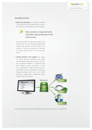 Real-time Feedback Solutions

Resulting processes
• Alerts and reporting: If a customer complains
in the online survey, the relevant team contacts

»

him within two working days to solve the problem.

	 Most customers are impressed with a 	

	

call within 2 days of taking part in the 	

	

online survey«,

says Steffen Müller. Through the evaluation of the
online survey, Hilti can strengthen relationships
between the customer and the company. The
evolution of customer satisfaction is illustrated
by weekly cockpit charts for every interaction
point.
• Overall benefit of the system: The values
for overall customer satisfaction and loyalty
have increased significantly since the introduction of real-time feedback in comparison with
the company’s closest competitors. In addition, a great deal of insight about process improvements has been generated, and Hilti has
received feedback from more than 18,000
customers, representing a significantly better
response rate of up to 20 %.

DIAG. 9: Real-time feedback influences the fundamental structure and quality control of the organization.

13

 